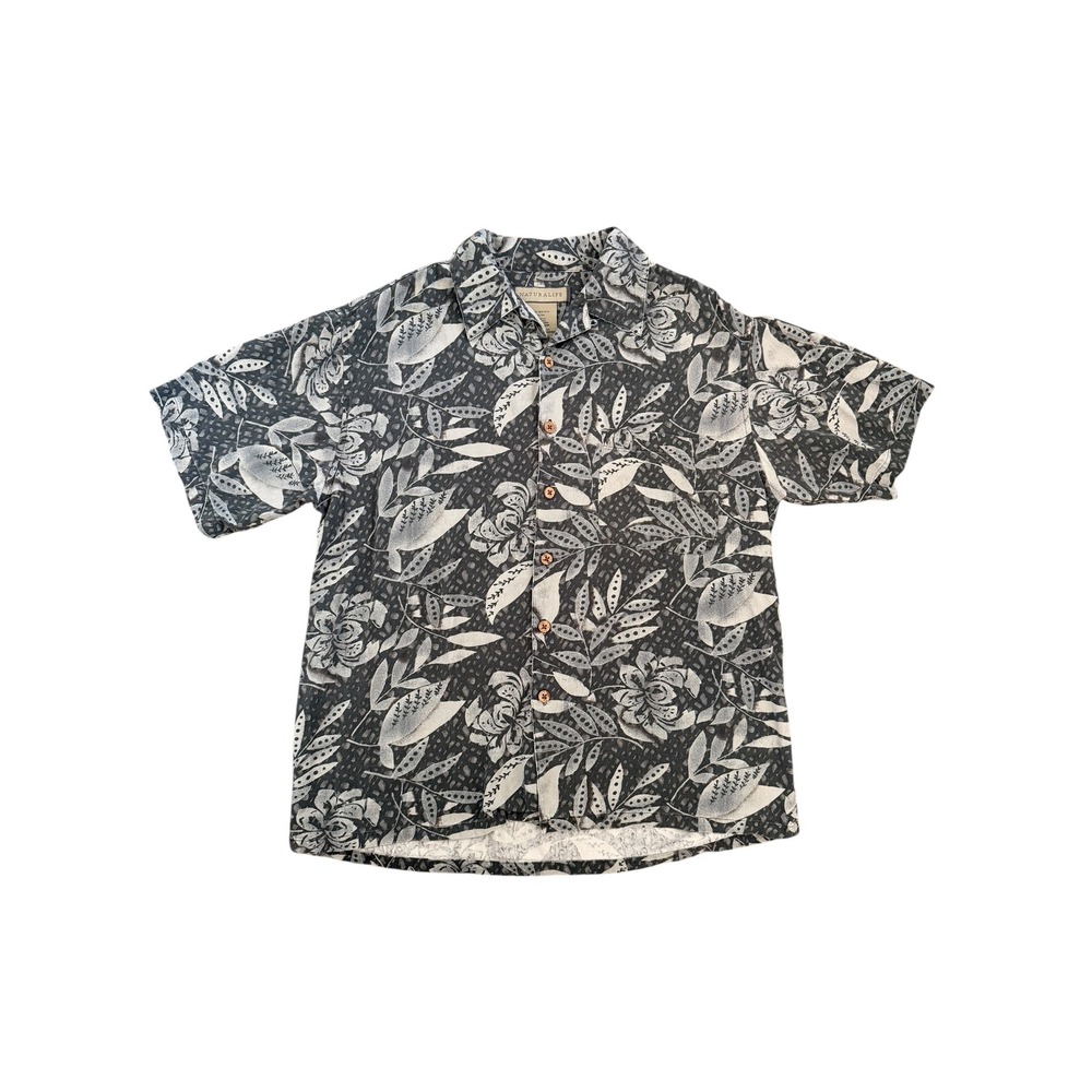 Naturalife Mens 100% Silk Short Sleeve Floral Button Down Shirt Grey Black M
